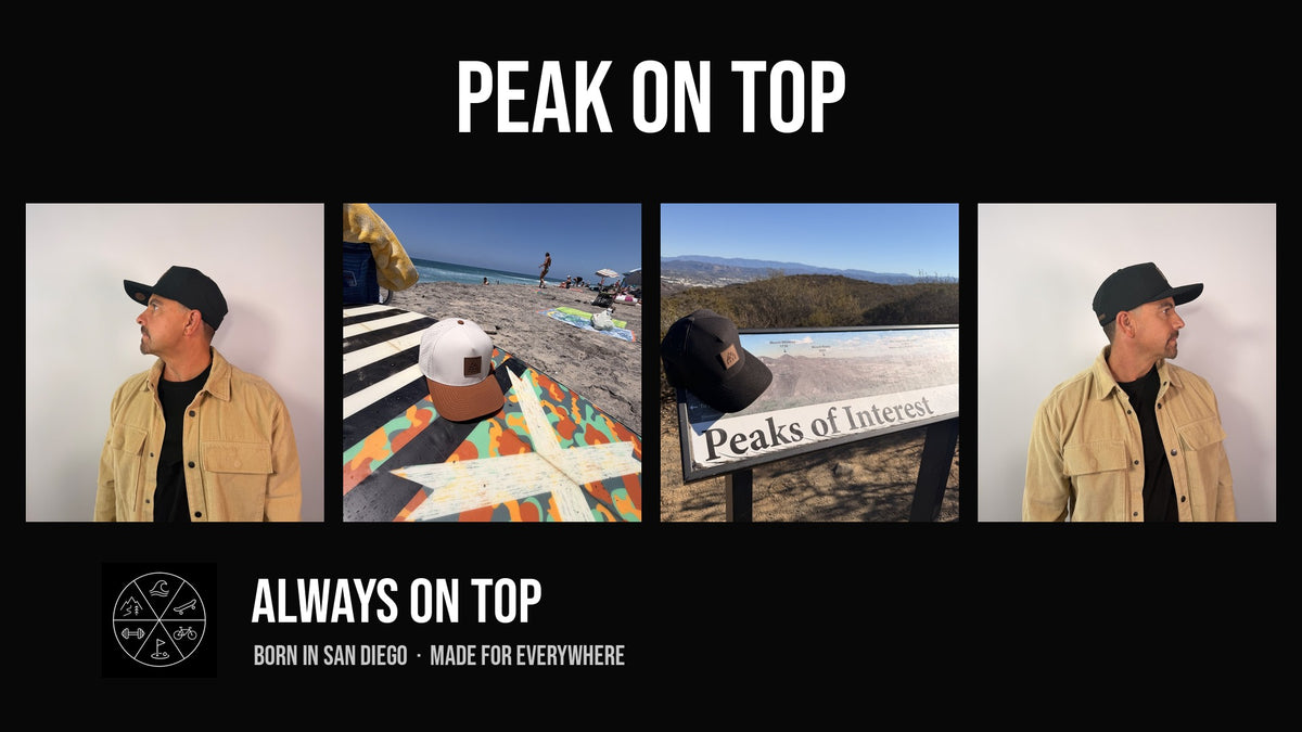 Peak On Top lifestyle collage - beach, peaks, founder wearing hats